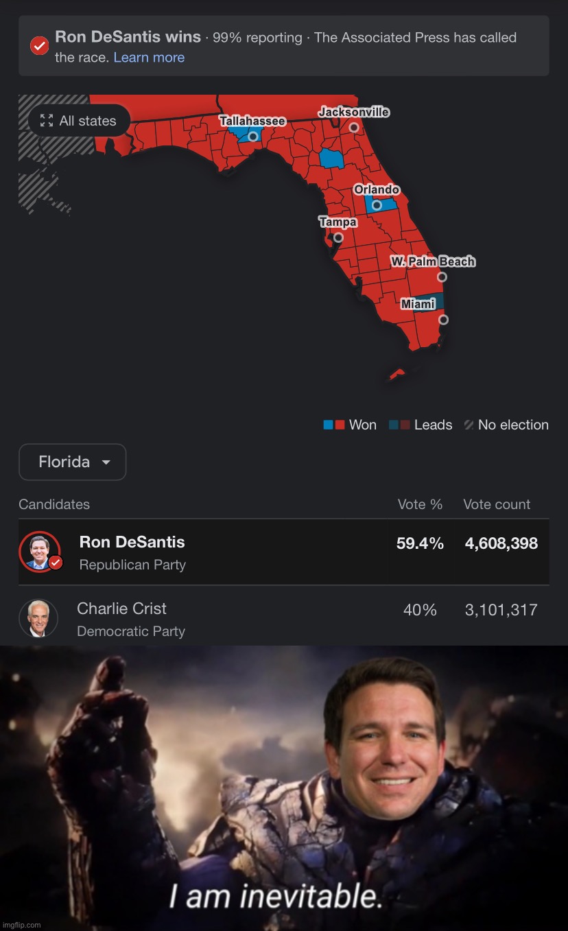 In a night otherwise full of Republican disappointments, Ron DeSantis won his race walking away. | image tagged in ron desantis victory 2022,ron desantis i am inevitable | made w/ Imgflip meme maker