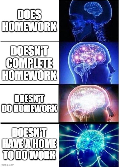 Expanding Brain Meme | DOES HOMEWORK; DOESN'T COMPLETE HOMEWORK; DOESN'T DO HOMEWORK; DOESN'T HAVE A HOME TO DO WORK | image tagged in memes,expanding brain | made w/ Imgflip meme maker