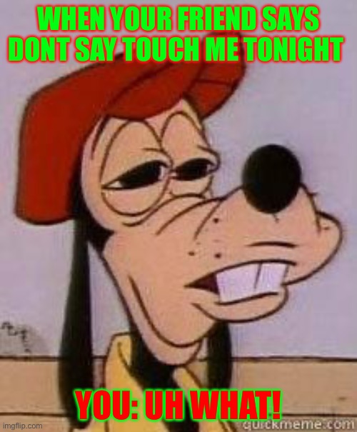 Stoned goofy | WHEN YOUR FRIEND SAYS DONT SAY TOUCH ME TONIGHT; YOU: UH WHAT! | image tagged in stoned goofy | made w/ Imgflip meme maker