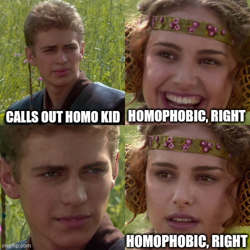 Anakin Padme 4 Panel | CALLS OUT HOMO KID HOMOPHOBIC, RIGHT HOMOPHOBIC, RIGHT | image tagged in anakin padme 4 panel | made w/ Imgflip meme maker