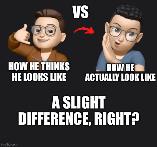 Reality vs what he thinks | VS; HOW HE ACTUALLY LOOK LIKE; HOW HE THINKS HE LOOKS LIKE; A SLIGHT DIFFERENCE, RIGHT? | image tagged in short satisfaction vs truth,truth hurts,expectation vs reality | made w/ Imgflip meme maker