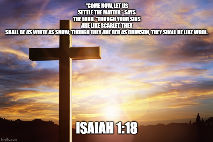 Bible Verse of the Day | “COME NOW, LET US SETTLE THE MATTER,” SAYS THE LORD. “THOUGH YOUR SINS ARE LIKE SCARLET, THEY SHALL BE AS WHITE AS SNOW; THOUGH THEY ARE RED AS CRIMSON, THEY SHALL BE LIKE WOOL. ISAIAH 1:18 | image tagged in bible verse of the day | made w/ Imgflip meme maker