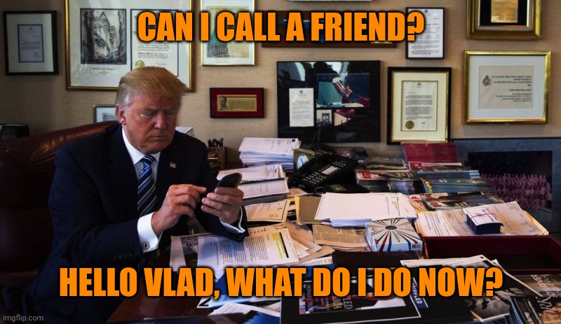 Donald Trump phone | CAN I CALL A FRIEND? HELLO VLAD, WHAT DO I DO NOW? | image tagged in donald trump phone | made w/ Imgflip meme maker