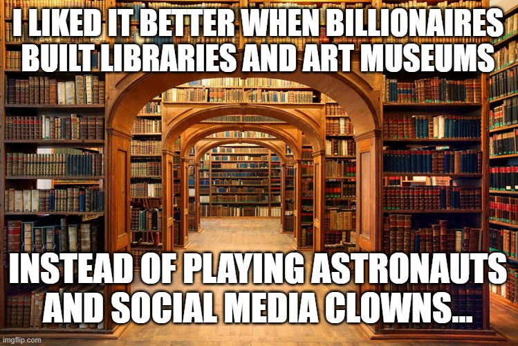 Library billionaires | I LIKED IT BETTER WHEN BILLIONAIRES BUILT LIBRARIES AND ART MUSEUMS; INSTEAD OF PLAYING ASTRONAUTS AND SOCIAL MEDIA CLOWNS... | image tagged in library | made w/ Imgflip meme maker