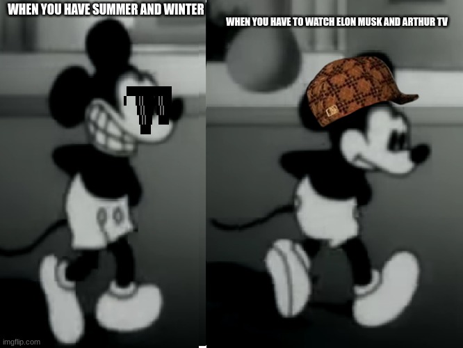 Sussy buku meme | WHEN YOU HAVE TO WATCH ELON MUSK AND ARTHUR TV; WHEN YOU HAVE SUMMER AND WINTER | image tagged in suicidemouse avi | made w/ Imgflip meme maker