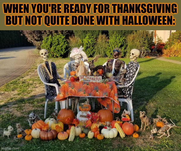 I CAN KEEP MY PUMPKINS FOR A BIT LONGER! | WHEN YOU'RE READY FOR THANKSGIVING BUT NOT QUITE DONE WITH HALLOWEEN: | image tagged in thanksgiving,skeleton,halloween,pumpkins,skeletons | made w/ Imgflip meme maker