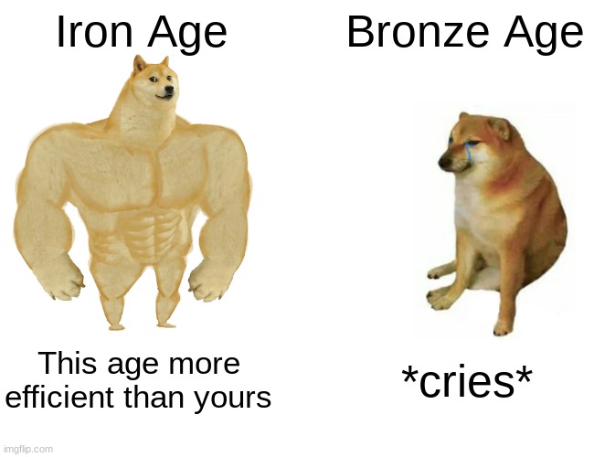 Buff Doge vs. Cheems | Iron Age; Bronze Age; This age more efficient than yours; *cries* | image tagged in memes,buff doge vs cheems | made w/ Imgflip meme maker