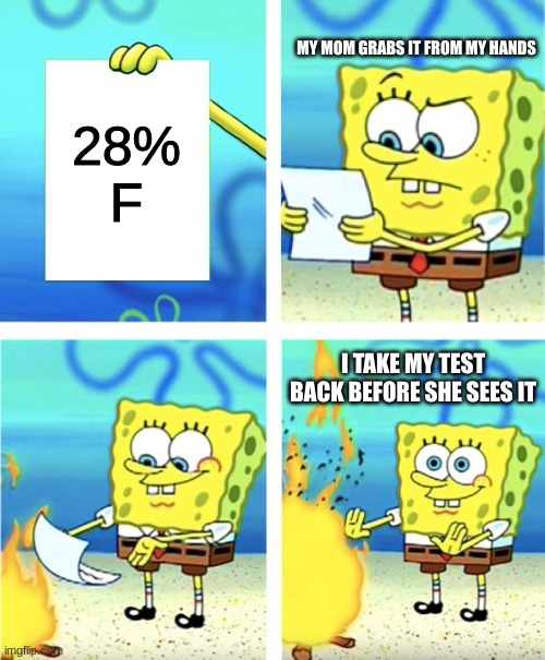 Spongebob Burning Paper | MY MOM GRABS IT FROM MY HANDS; 28% F; I TAKE MY TEST BACK BEFORE SHE SEES IT | image tagged in spongebob burning paper | made w/ Imgflip meme maker
