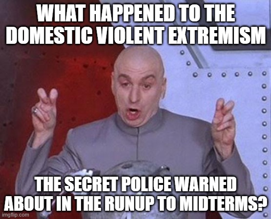 Dr Evil Laser | WHAT HAPPENED TO THE DOMESTIC VIOLENT EXTREMISM; THE SECRET POLICE WARNED ABOUT IN THE RUNUP TO MIDTERMS? | image tagged in memes,dr evil laser | made w/ Imgflip meme maker