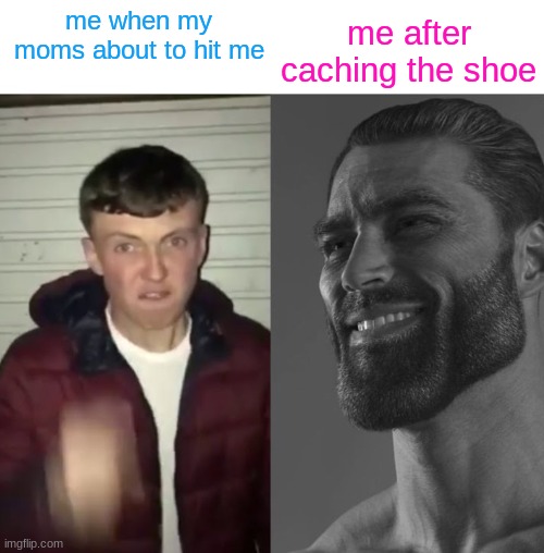 Average Fan vs Average Enjoyer | me after caching the shoe; me when my moms about to hit me | image tagged in average fan vs average enjoyer | made w/ Imgflip meme maker