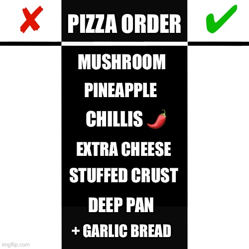 pizza topping decider ? |  PIZZA ORDER; MUSHROOM; PINEAPPLE; CHILLIS 🌶; EXTRA CHEESE; STUFFED CRUST; DEEP PAN; + GARLIC BREAD | image tagged in yes - no true - false,pizza,pizza time,decisions,choose wisely | made w/ Imgflip meme maker