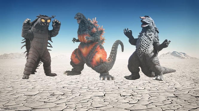 deadly desert image two: keylla and zaragas team up against burning godzilla | made w/ Imgflip meme maker