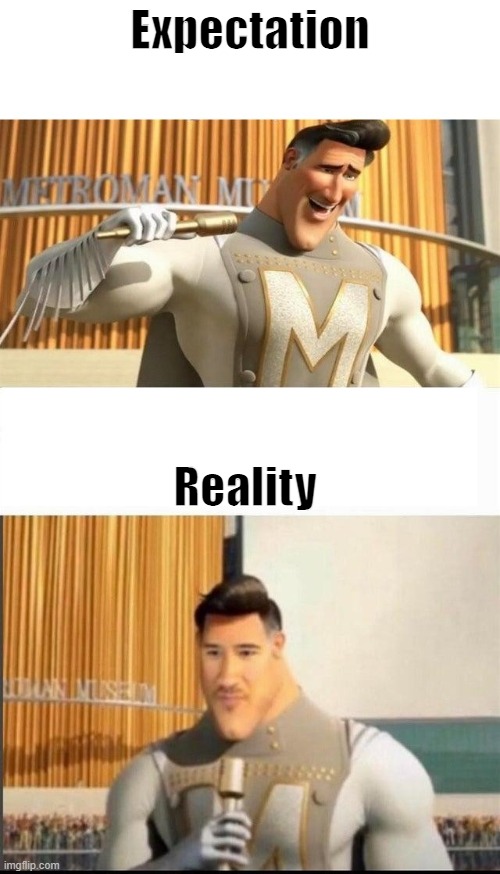expectation vs reality | Expectation; Reality | image tagged in markiplier metroman reaction meme | made w/ Imgflip meme maker