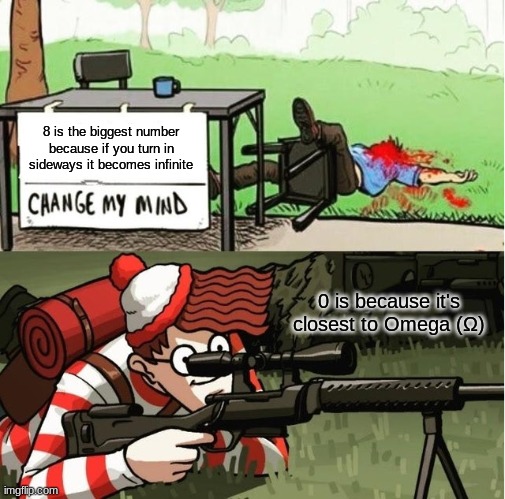 WALDO SHOOTS THE CHANGE MY MIND GUY | 8 is the biggest number because if you turn in sideways it becomes infinite 0 is because it's closest to Omega (Ω) | image tagged in waldo shoots the change my mind guy | made w/ Imgflip meme maker