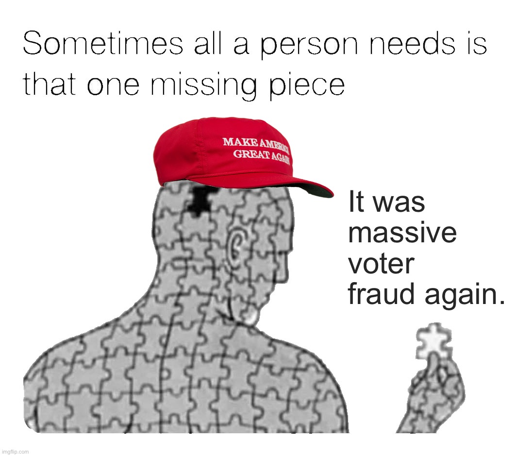 Looking for a good hit of copium? The “voter fraud” narrative is always available | It was massive voter fraud again. | image tagged in that one missing piece,maga,conservative logic,voter fraud,election fraud,midterms | made w/ Imgflip meme maker