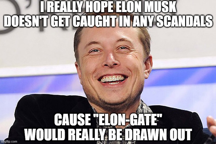 Long Time | I REALLY HOPE ELON MUSK DOESN'T GET CAUGHT IN ANY SCANDALS; CAUSE "ELON-GATE" WOULD REALLY BE DRAWN OUT | image tagged in elon musk | made w/ Imgflip meme maker