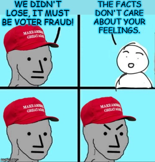 Boomerang. | WE DIDN'T LOSE, IT MUST BE VOTER FRAUD! THE FACTS
DON'T CARE
ABOUT YOUR
FEELINGS. | image tagged in maga npc an an0nym0us template,karma,2022,election | made w/ Imgflip meme maker