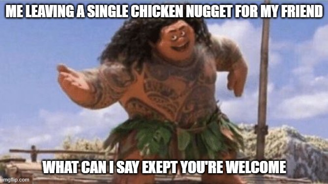 -.- | ME LEAVING A SINGLE CHICKEN NUGGET FOR MY FRIEND; WHAT CAN I SAY EXEPT YOU'RE WELCOME | image tagged in what can i say except x | made w/ Imgflip meme maker