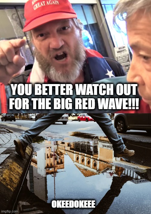 A glimmer of hope the world has not gone completely mad. yet. | YOU BETTER WATCH OUT FOR THE BIG RED WAVE!!! OKEEDOKEEE | image tagged in angry trump supporter,memes,politics,maga,trump is a traitor,whackjobs | made w/ Imgflip meme maker
