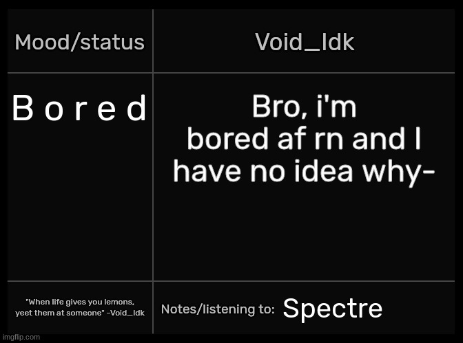 Idk's Void Template | B o r e d; Bro, i'm bored af rn and I have no idea why-; Spectre | image tagged in idk's void template,idk,stuff,s o u p,carck | made w/ Imgflip meme maker