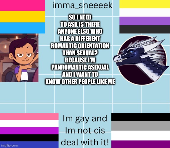 imma_sneeeek anouncement tamplate | SO I NEED TO ASK IS THERE ANYONE ELSO WHO HAS A DIFFERENT ROMANTIC ORIENTATION THAN SEXUAL? BECAUSE I'M PANROMANTIC ASEXUAL AND I WANT TO KNOW OTHER PEOPLE LIKE ME | image tagged in imma_sneeeek anouncement tamplate | made w/ Imgflip meme maker