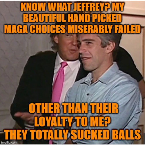 Trump Epstein | KNOW WHAT JEFFREY? MY BEAUTIFUL HAND PICKED MAGA CHOICES MISERABLY FAILED OTHER THAN THEIR LOYALTY TO ME?
THEY TOTALLY SUCKED BALLS | image tagged in trump epstein | made w/ Imgflip meme maker