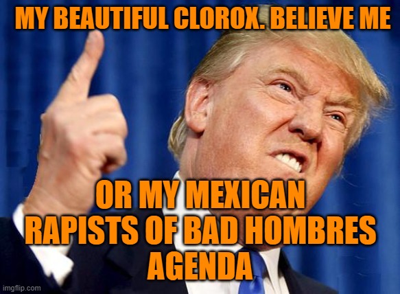 Trump pointing up | MY BEAUTIFUL CLOROX. BELIEVE ME OR MY MEXICAN RAPISTS OF BAD HOMBRES
AGENDA | image tagged in trump pointing up | made w/ Imgflip meme maker