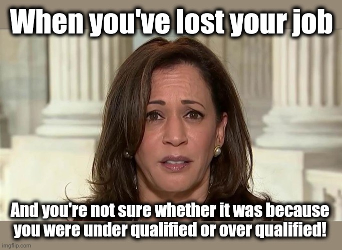 kamala harris | When you've lost your job And you're not sure whether it was because you were under qualified or over qualified! | image tagged in kamala harris | made w/ Imgflip meme maker