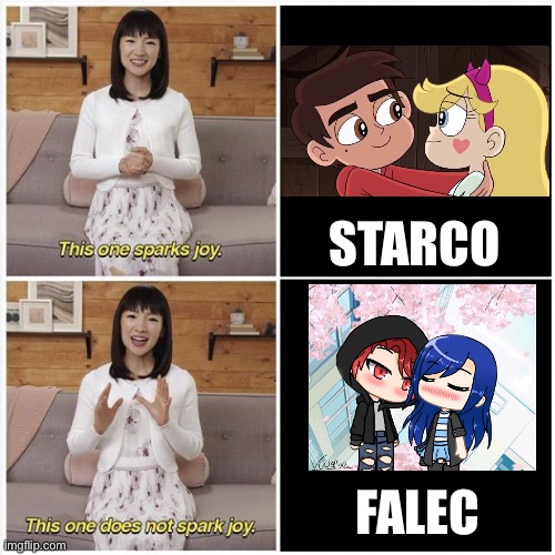 Falec Sucks | STARCO; FALEC | image tagged in marie kondo spark joy,memes,falec sucks,starco,svtfoe,star vs the forces of evil | made w/ Imgflip meme maker