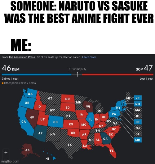 Best anime fight | SOMEONE: NARUTO VS SASUKE WAS THE BEST ANIME FIGHT EVER; ME: | image tagged in blank white template | made w/ Imgflip meme maker