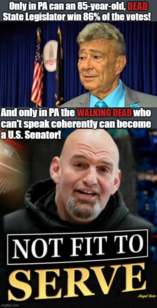 PA state rep LeDuca and John Fetterman | Only in PA can an 85-year-old,             
State Legislator win 86% of the votes! DEAD; WALKING DEAD; And only in PA the                                who 
can't speak coherently can become 
a U.S. Senator! Angel Soto | image tagged in political meme,democrats,elections,votes,the walking dead,fetterman | made w/ Imgflip meme maker