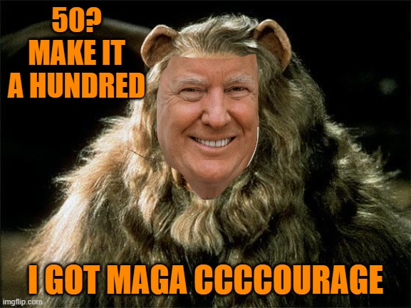 cowardly lion | 50? MAKE IT A HUNDRED I GOT MAGA CCCCOURAGE | image tagged in cowardly lion | made w/ Imgflip meme maker