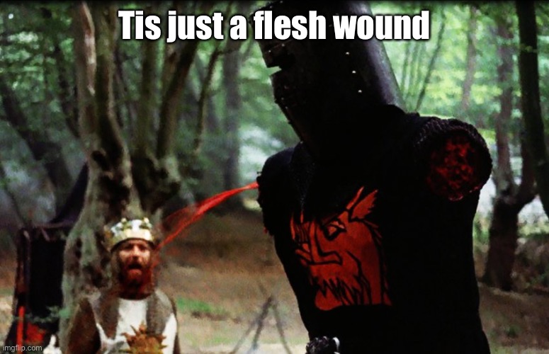 Monty Python Black Knight | Tis just a flesh wound | image tagged in monty python black knight | made w/ Imgflip meme maker
