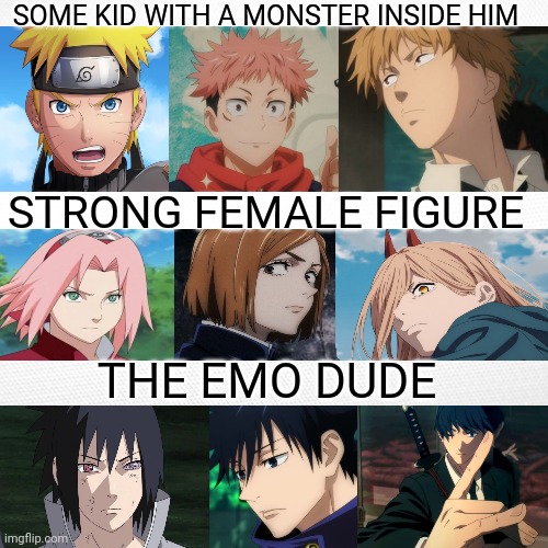 Ye | SOME KID WITH A MONSTER INSIDE HIM; STRONG FEMALE FIGURE; THE EMO DUDE | image tagged in anime meme | made w/ Imgflip meme maker
