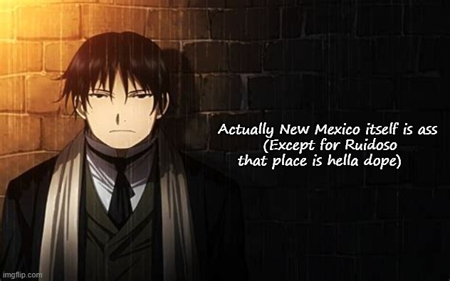 Roy Mustang | Actually New Mexico itself is ass 
(Except for Ruidoso that place is hella dope) | image tagged in roy mustang | made w/ Imgflip meme maker