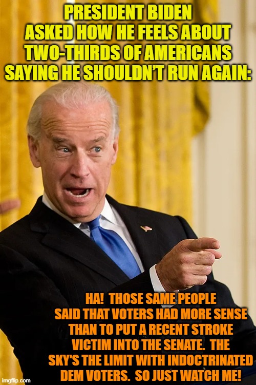 Well . . . yeah . . . as we've just seen; the man's got a point in regards to Dem Party voters. | PRESIDENT BIDEN ASKED HOW HE FEELS ABOUT TWO-THIRDS OF AMERICANS SAYING HE SHOULDN’T RUN AGAIN:; HA!  THOSE SAME PEOPLE SAID THAT VOTERS HAD MORE SENSE THAN TO PUT A RECENT STROKE VICTIM INTO THE SENATE.  THE SKY'S THE LIMIT WITH INDOCTRINATED DEM VOTERS.  SO JUST WATCH ME! | image tagged in wow | made w/ Imgflip meme maker