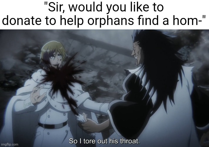 New meme template | "Sir, would you like to donate to help orphans find a hom-" | image tagged in so i tore out his throat | made w/ Imgflip meme maker