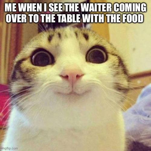 Instant happiness | ME WHEN I SEE THE WAITER COMING OVER TO THE TABLE WITH THE FOOD | image tagged in memes,smiling cat | made w/ Imgflip meme maker