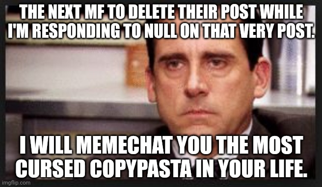 I literally typed out a paragraph for nothing | THE NEXT MF TO DELETE THEIR POST WHILE I'M RESPONDING TO NULL ON THAT VERY POST. I WILL MEMECHAT YOU THE MOST CURSED COPYPASTA IN YOUR LIFE. | image tagged in irritated | made w/ Imgflip meme maker