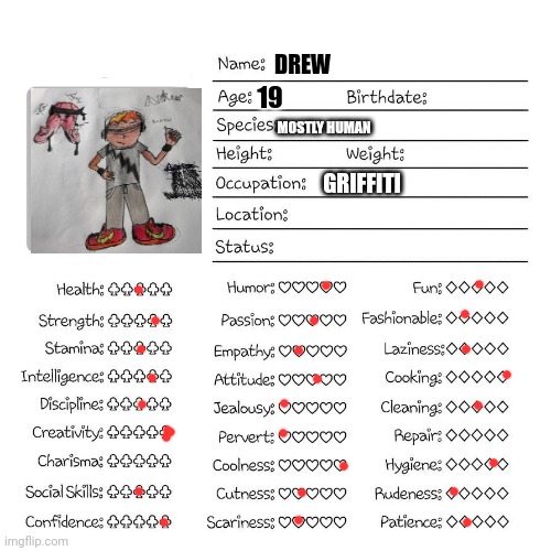 Profile card | DREW; 19; MOSTLY HUMAN; GRIFFITI | image tagged in profile card | made w/ Imgflip meme maker