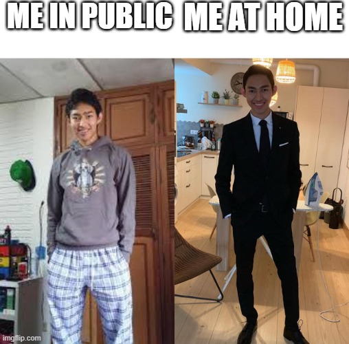 repost this | ME IN PUBLIC; ME AT HOME | image tagged in fernanfloo dresses up | made w/ Imgflip meme maker