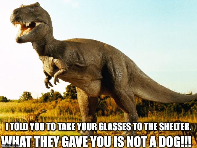 Wrong dog | WHAT THEY GAVE YOU IS NOT A DOG!!! I TOLD YOU TO TAKE YOUR GLASSES TO THE SHELTER. | image tagged in dinosaur | made w/ Imgflip meme maker