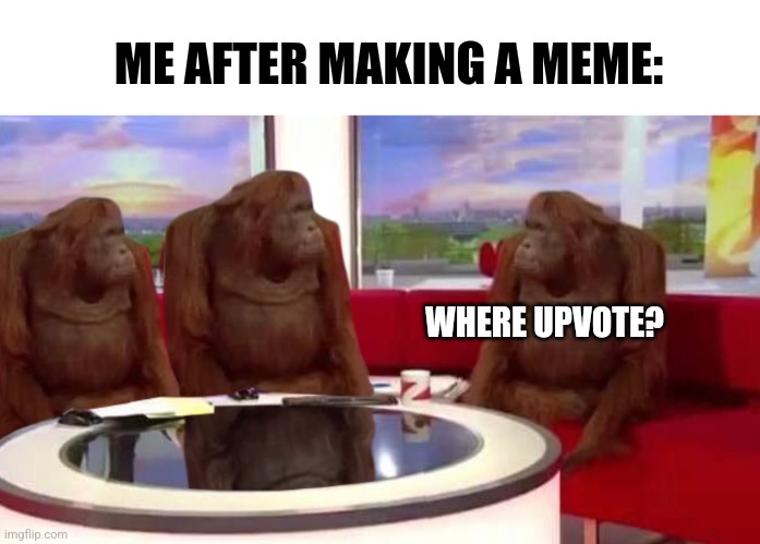 Image title | ME AFTER MAKING A MEME:; WHERE UPVOTE? | image tagged in blank white template,where monkey | made w/ Imgflip meme maker