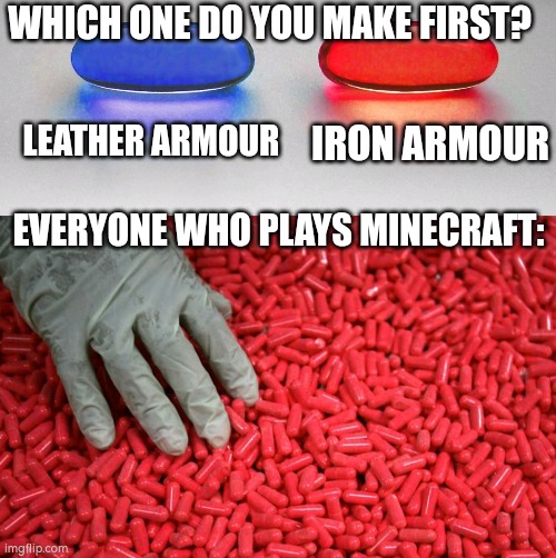 Blue or red pill | WHICH ONE DO YOU MAKE FIRST? LEATHER ARMOUR; IRON ARMOUR; EVERYONE WHO PLAYS MINECRAFT: | image tagged in blue or red pill,idk,minecraft,iron,leather | made w/ Imgflip meme maker