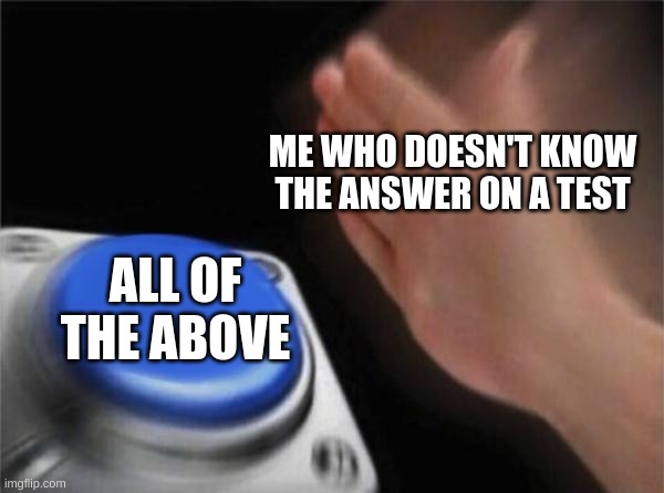 Blank Nut Button | ME WHO DOESN'T KNOW THE ANSWER ON A TEST; ALL OF THE ABOVE | image tagged in memes,blank nut button | made w/ Imgflip meme maker