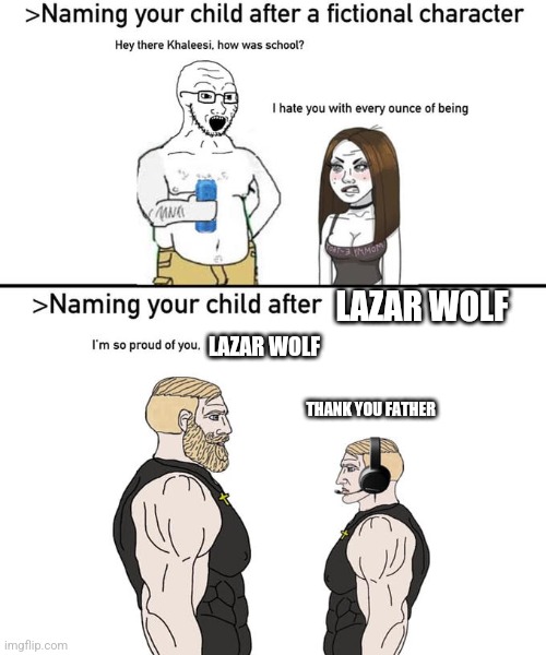The butcher from 1971s Fiddler on the Roof | LAZAR WOLF; LAZAR WOLF; THANK YOU FATHER | image tagged in naming your child after | made w/ Imgflip meme maker