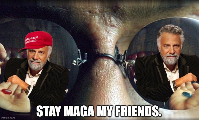 Stay maga | STAY MAGA MY FRIENDS. | image tagged in maga,i dont always,red pill blue pill,matrix morpheus offer,republicans | made w/ Imgflip meme maker
