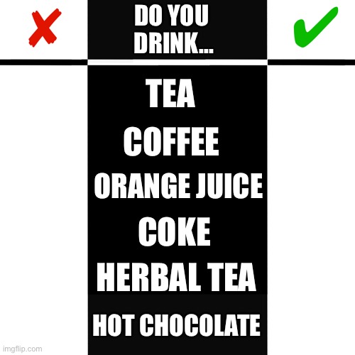 Drinks rated .... non-alcoholic | DO YOU 
DRINK... TEA; COFFEE; ORANGE JUICE; COKE; HERBAL TEA; HOT CHOCOLATE | image tagged in yes - no true - false,rate,comparison,yes no,like dislike,choose wisely | made w/ Imgflip meme maker