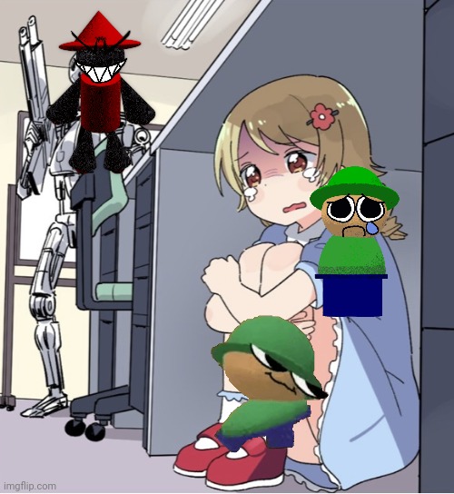 Bandu and brobgonal hiding from true expunged | image tagged in anime girl hiding from terminator,bandu,brobgonal,expunged | made w/ Imgflip meme maker