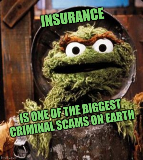 Oscar the Grouch | INSURANCE IS ONE OF THE BIGGEST CRIMINAL SCAMS ON EARTH | image tagged in oscar the grouch | made w/ Imgflip meme maker